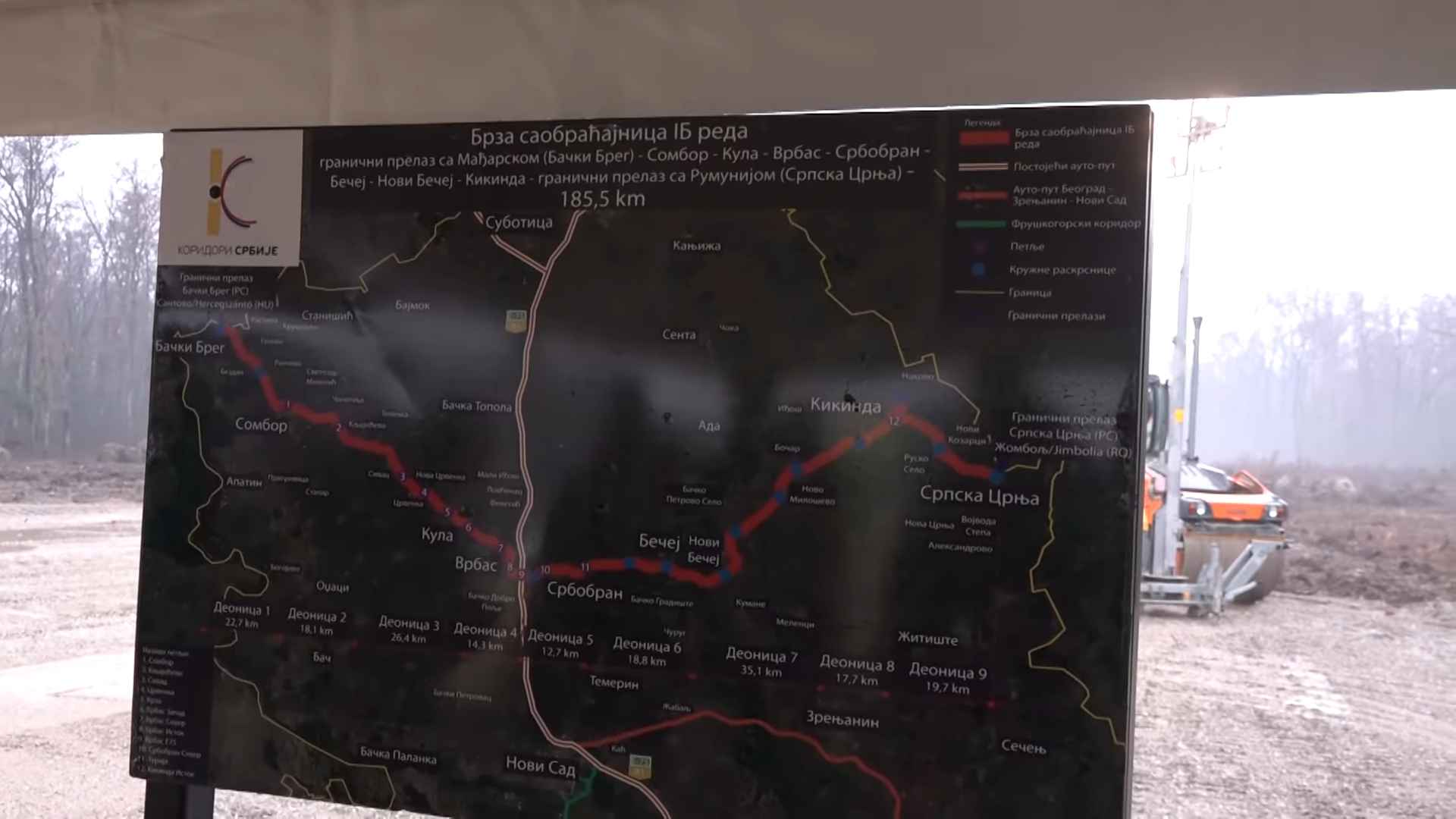 Mapa trase brze saobraćajnice sa označenim deonicama i gradovima